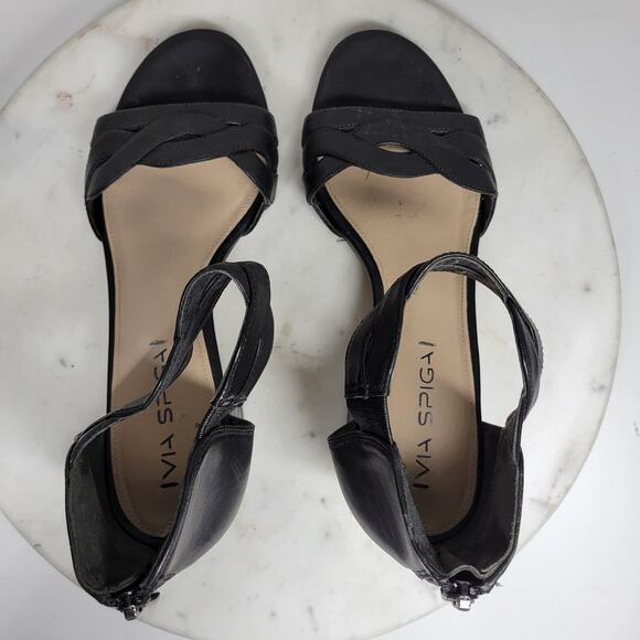 VTG Via Spiga Janel Heels Womens 7 Black Leather Chunky Twisted Strap Block Heel - Picture 8 of 16